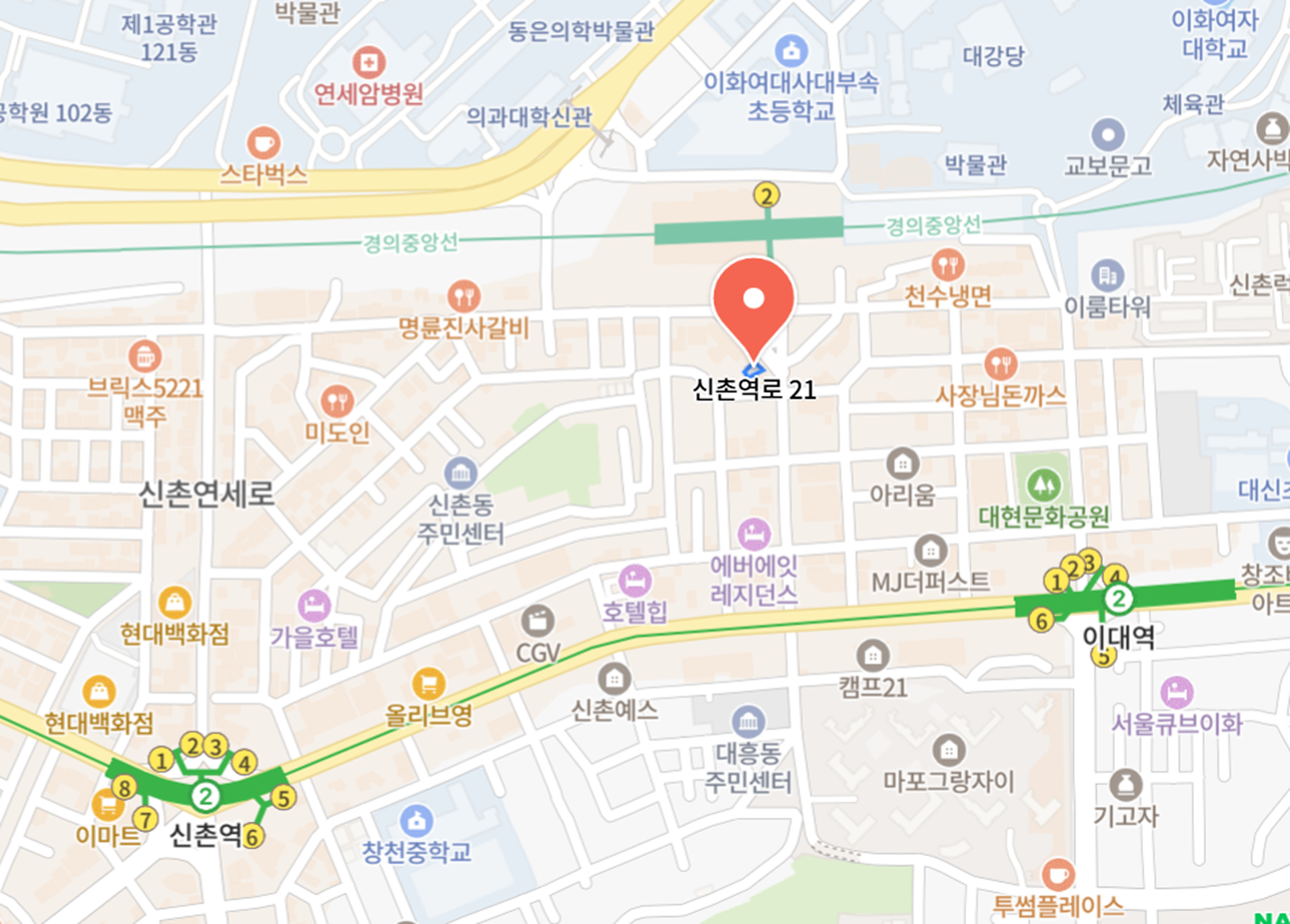 오두막 위치 지도 — 신촌역로 21